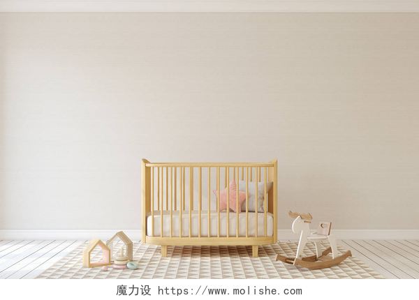 房间里的婴儿床和木马内部的苗圃。3d 渲染.